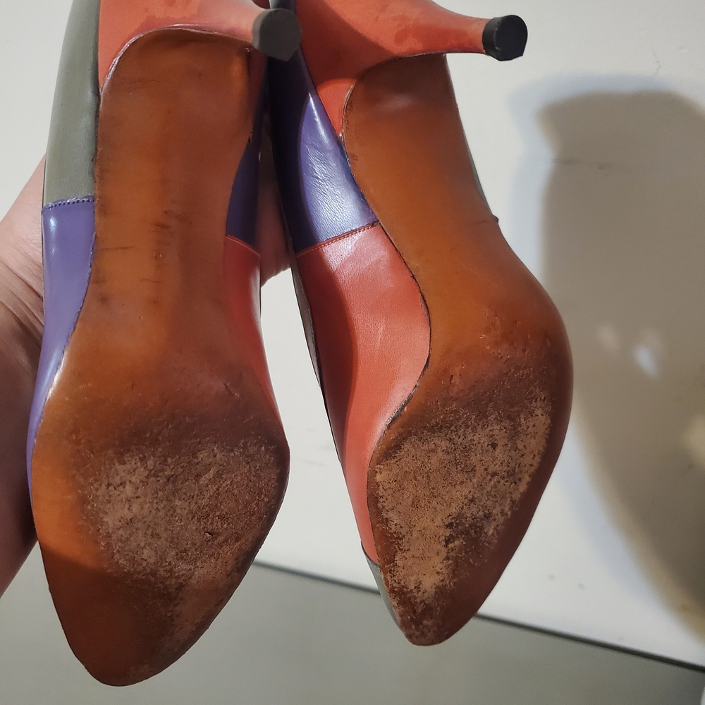 1960s Colorblock Heels Pumps Button Front Teal Grey Purple Coral Size 6.5 - Picture 5 of 7